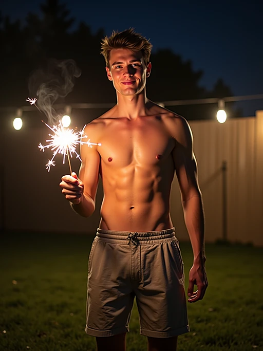 camera flash overexposed, model in a backyard with string lights, holding a sparkler. if(gender=f){Wearing a short bodycon dress, smiling, playful and sexy, showing legs} if(gender=m){Wearing shorts, waving sparkler}. Flash and string lights, summer night.