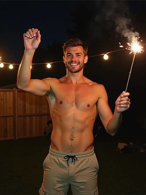 camera flash overexposed, model in a backyard with string lights, holding a sparkler. if(gender=f){Wearing a short bodycon dress, smiling, playful and sexy, showing legs} if(gender=m){Wearing shorts, waving sparkler}. Flash and string lights, summer night.