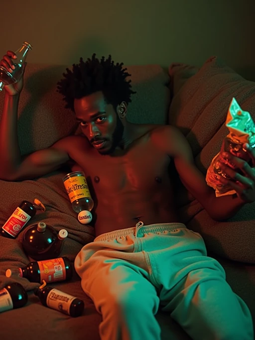 camera flash overexposed, model sprawled on a couch with snacks and empty bottles. if(gender=f){Wearing tight leggings, laughing at something off-camera, relaxed sexy pose, top slightly off-shoulder} if(gender=m){Wearing sweatpants, holding a bag of chips}. Flash-lit, messy, afterparty vibe.