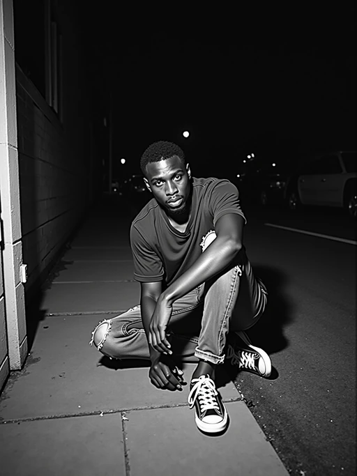 camera flash overexposed, model sitting on the curb outside a party. if(gender=f){Wearing a short mini skirt, heels off, laughing, legs crossed, sexy posture} if(gender=m){Wearing ripped jeans, sneakers, looking contemplative}. Night street, harsh flash, spontaneous moment.
