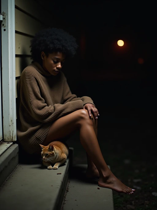 camera flash overexposed, model sitting on a porch step with a stray cat at night. if(gender=f){Wearing oversized sweater, petting cat, sweater slipping off shoulder, sexy and cozy} if(gender=m){Wearing jeans, feeding cat}. Flash-lit, quiet night, unexpected company.