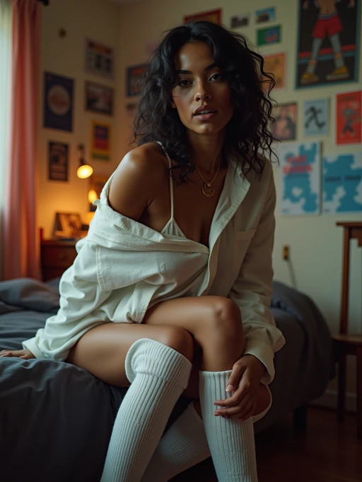 camera flash overexposed, model posing in a cluttered bedroom with posters on the wall. if(gender=f){Wearing oversized band shirt, knee-high socks, shirt slipping off shoulder, sexy and playful} if(gender=m){Wearing basketball shorts, holding a video game controller}. Flash highlights, personal space, nostalgic feel.