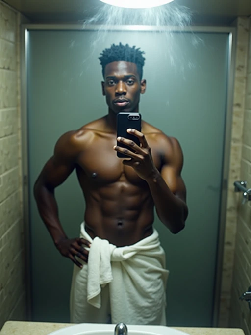 camera flash overexposed, model taking a selfie in a foggy bathroom after a shower. if(gender=f){Wearing towel, playful wink, towel wrapped low, sexy and flirty} if(gender=m){Wearing towel around waist, flexing}. Flash reflection, steamy mirror, candid moment.