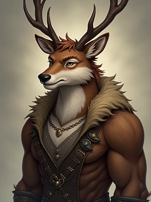 furry character of deer fursona of model with if(gender=f){graceful doe features, brown spotted fur, and gentle expression} if(gender=m){noble stag features with small antlers, brown fur, and strong expression}, wearing nature-inspired clothing, serene expression, detailed digital furry art style, earth tones
