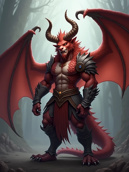 furry character of dragon fursona of model with if(gender=f){graceful dragon features, scaled skin, small horns, and elegant wings} if(gender=m){powerful dragon features, scaled skin, prominent horns, and large wings}, wearing fantasy-inspired clothing, majestic expression, detailed digital furry art style