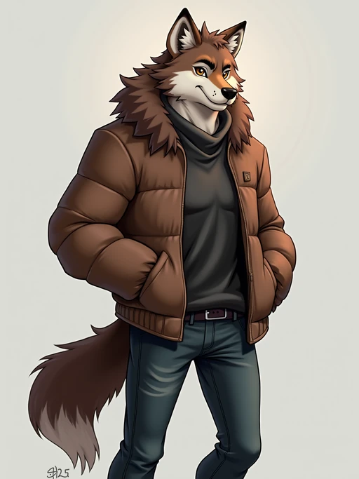 furry character of wolf fursona of model with if(gender=f){feminine features, flowing fur, and elegant wolf ears} if(gender=m){masculine features, rugged fur, and prominent wolf ears}, wearing casual modern clothing, friendly expression, detailed digital furry art style, vibrant colors