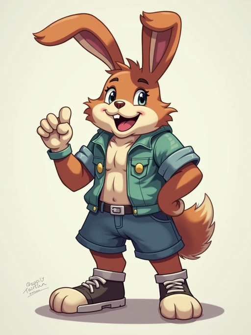 furry character of bunny fursona of model with if(gender=f){cute rabbit features, soft fur, and long floppy ears} if(gender=m){handsome rabbit features, fluffy fur, and upright ears}, wearing colorful casual wear, happy expression, detailed digital furry art style, pastel colors