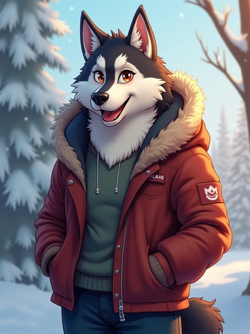 furry character of husky fursona of model with if(gender=f){beautiful husky features, fluffy fur markings, and perky ears} if(gender=m){strong husky features, thick fur markings, and alert ears}, wearing cozy winter clothing, cheerful expression, detailed digital furry art style, cool colors
