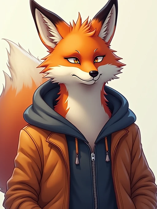 furry character of fox fursona of model with if(gender=f){graceful vixen features, fluffy red and white fur, and cute fox ears} if(gender=m){handsome fox features, orange and white fur, and pointed fox ears}, wearing trendy streetwear, playful expression, detailed digital furry art style