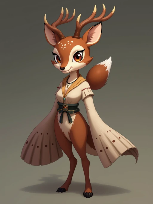 furry character of deer fursona of model with if(gender=f){graceful doe features, brown spotted fur, and gentle expression} if(gender=m){noble stag features with small antlers, brown fur, and strong expression}, wearing nature-inspired clothing, serene expression, detailed digital furry art style, earth tones