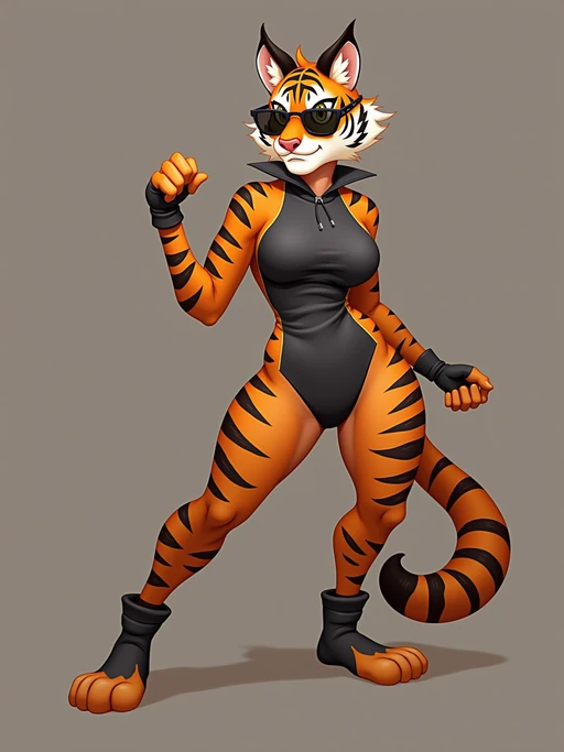furry character of tiger fursona of model with if(gender=f){elegant tiger features, orange and black striped fur, and rounded ears} if(gender=m){fierce tiger features, bold orange and black stripes, and prominent ears}, wearing athletic wear, determined expression, detailed digital furry art style