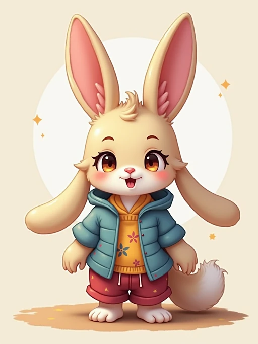 furry character of bunny fursona of model with if(gender=f){cute rabbit features, soft fur, and long floppy ears} if(gender=m){handsome rabbit features, fluffy fur, and upright ears}, wearing colorful casual wear, happy expression, detailed digital furry art style, pastel colors