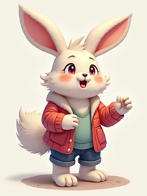 furry character of bunny fursona of model with if(gender=f){cute rabbit features, soft fur, and long floppy ears} if(gender=m){handsome rabbit features, fluffy fur, and upright ears}, wearing colorful casual wear, happy expression, detailed digital furry art style, pastel colors