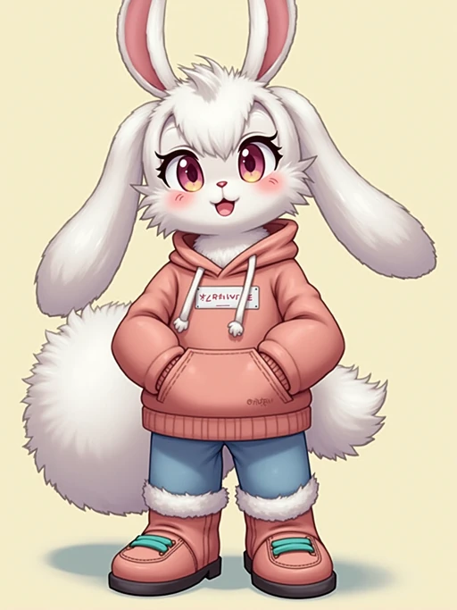 furry character of bunny fursona of model with if(gender=f){cute rabbit features, soft fur, and long floppy ears} if(gender=m){handsome rabbit features, fluffy fur, and upright ears}, wearing colorful casual wear, happy expression, detailed digital furry art style, pastel colors