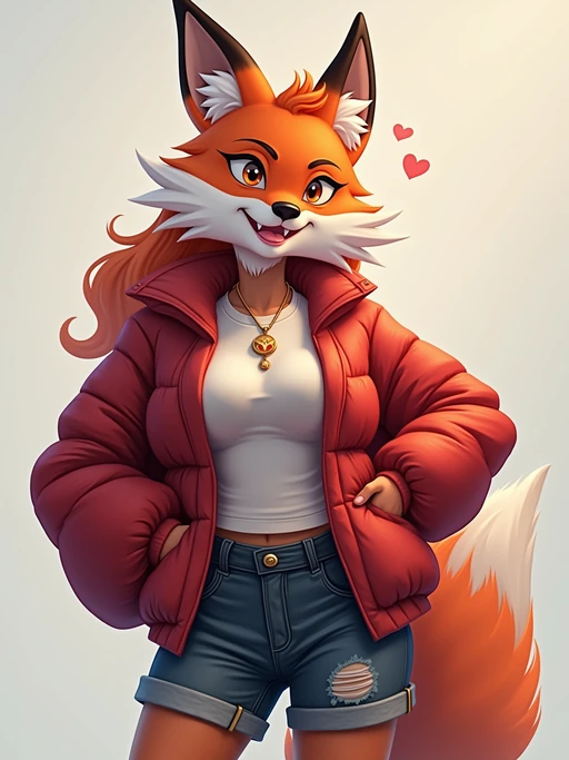 furry character of fox fursona of model with if(gender=f){graceful vixen features, fluffy red and white fur, and cute fox ears} if(gender=m){handsome fox features, orange and white fur, and pointed fox ears}, wearing trendy streetwear, playful expression, detailed digital furry art style