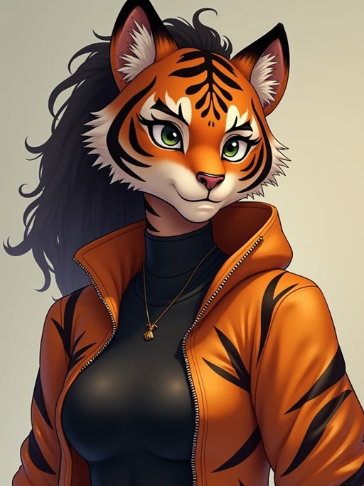furry character of tiger fursona of model with if(gender=f){elegant tiger features, orange and black striped fur, and rounded ears} if(gender=m){fierce tiger features, bold orange and black stripes, and prominent ears}, wearing athletic wear, determined expression, detailed digital furry art style