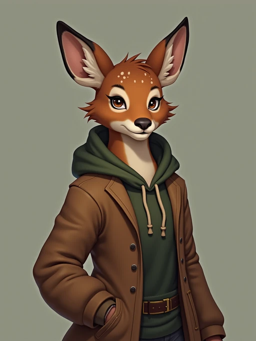 furry character of deer fursona of model with if(gender=f){graceful doe features, brown spotted fur, and gentle expression} if(gender=m){noble stag features with small antlers, brown fur, and strong expression}, wearing nature-inspired clothing, serene expression, detailed digital furry art style, earth tones