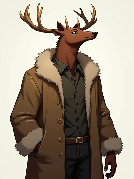 furry character of deer fursona of model with if(gender=f){graceful doe features, brown spotted fur, and gentle expression} if(gender=m){noble stag features with small antlers, brown fur, and strong expression}, wearing nature-inspired clothing, serene expression, detailed digital furry art style, earth tones