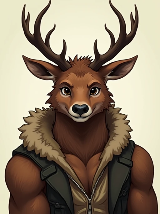 furry character of deer fursona of model with if(gender=f){graceful doe features, brown spotted fur, and gentle expression} if(gender=m){noble stag features with small antlers, brown fur, and strong expression}, wearing nature-inspired clothing, serene expression, detailed digital furry art style, earth tones