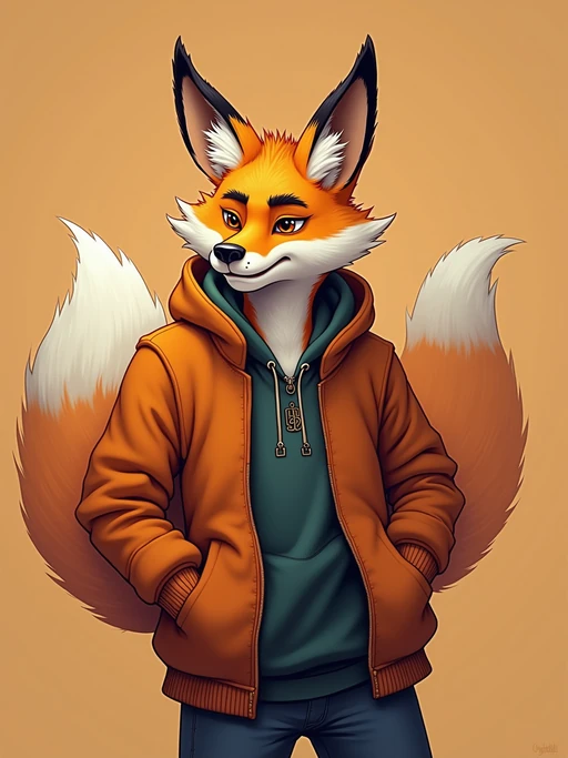 furry character of fox fursona of model with if(gender=f){graceful vixen features, fluffy red and white fur, and cute fox ears} if(gender=m){handsome fox features, orange and white fur, and pointed fox ears}, wearing trendy streetwear, playful expression, detailed digital furry art style