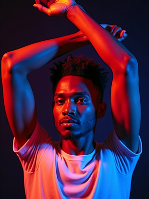 Close-up portrait of a confident model with arms raised above their head, wearing a white outfit. The lighting is bold and vibrant, with strong magenta, orange, and electric blue tones casting dramatic highlights and shadows across their face and arms. Studio background is dark and minimal, emphasizing the neon glow on the skin and hair