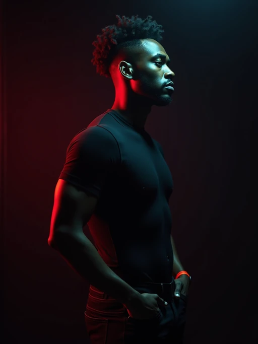 Dramatic studio portrait of a confident model, looking over their shoulder. Wearing a form-fitting black outfit. The lighting is intense and cinematic, with strong red and teal color contrast illuminating their hair and skin, casting moody shadows. The background is dark and atmospheric