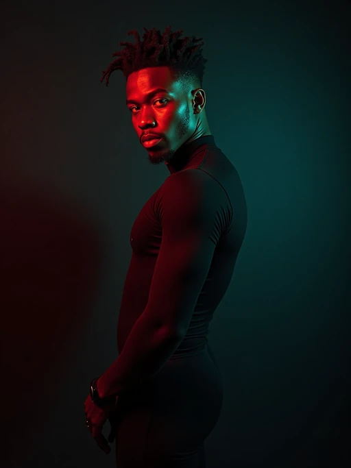 Dramatic studio portrait of a confident model, looking over their shoulder. Wearing a form-fitting black outfit. The lighting is intense and cinematic, with strong red and teal color contrast illuminating their hair and skin, casting moody shadows. The background is dark and atmospheric