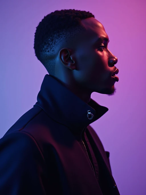 Futuristic fashion portrait of a model, dramatic side lighting in blue and purple hues. Model wearing black outfit. The mood is cyberpunk-inspired, high contrast, with glowing highlights on the skin and surreal atmosphere. Studio backdrop fades from violet to lavender. Sharp, editorial, high-fashion aesthetic