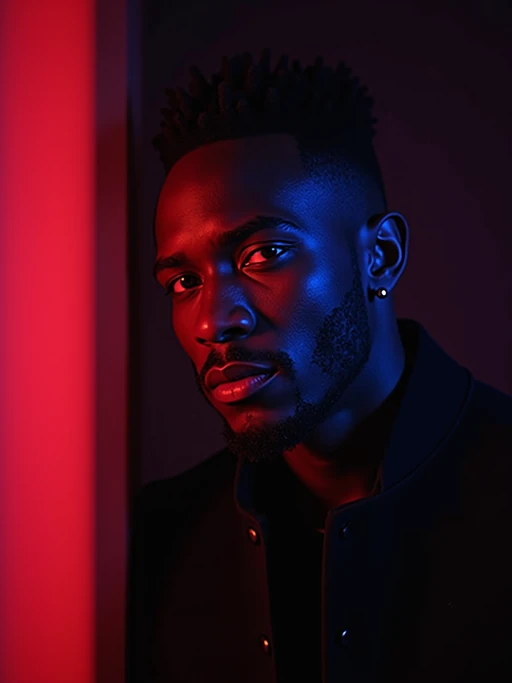 Cinematic close-up portrait of a beautiful model, captured in moody dramatic lighting. The scene uses vibrant RGB gel lights — soft blue, deep magenta, warm red, or glowing yellow — to create a surreal and atmospheric look. Shadows fall across their face for depth. model is wearing a black or dark outfit. Backgrounds vary: dark gradient, red wall, or glowing window light. High contrast, bold color separation, fashion editorial, neon noir aesthetic