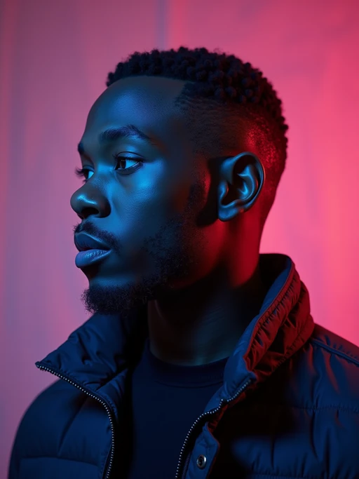 close up of model looking to the left. The model is wearing a dark jacket over a black shirt. The lighting is dramatic with blue and pink tones, creating a striking contrast against a textured pink background.