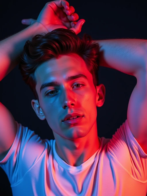 Close-up portrait of a confident model with arms raised above their head, wearing a white outfit. The lighting is bold and vibrant, with strong magenta, orange, and electric blue tones casting dramatic highlights and shadows across their face and arms. Studio background is dark and minimal, emphasizing the neon glow on the skin and hair