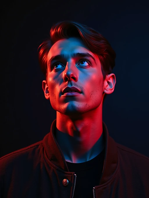 Studio portrait of a model looking up, illuminated by vibrant red, green, and blue gel lighting from different angles, creating a bold and futuristic RGB glow on their skin. The background is dark and minimal to emphasize the colorful lighting on their face. model wears a dark textured jacket with the collar slightly up. Cinematic, edgy, cyberpunk-inspired aesthetic.