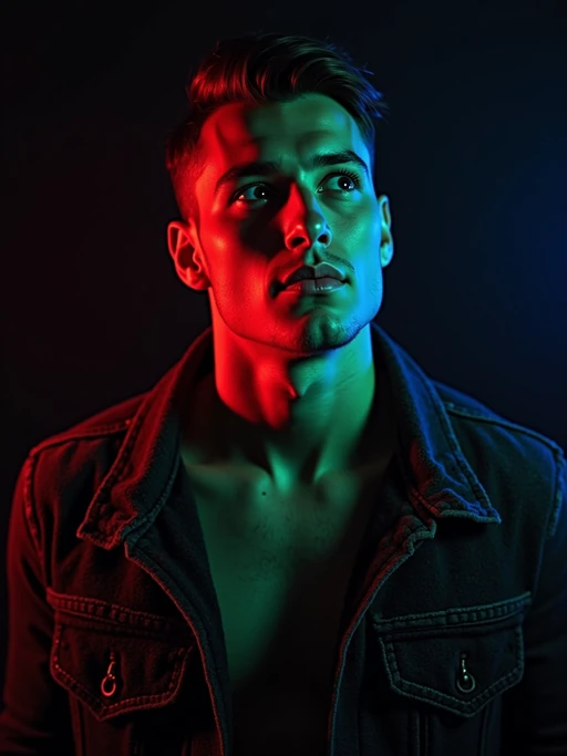 Studio portrait of a model looking up, illuminated by vibrant red, green, and blue gel lighting from different angles, creating a bold and futuristic RGB glow on their skin. The background is dark and minimal to emphasize the colorful lighting on their face. model wears a dark textured jacket with the collar slightly up. Cinematic, edgy, cyberpunk-inspired aesthetic.