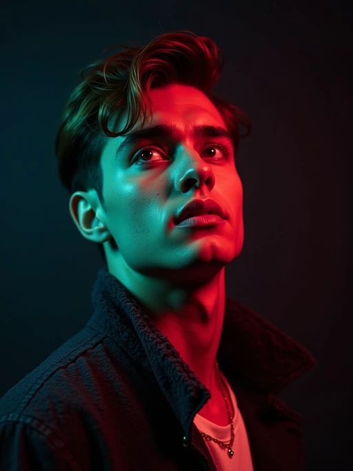 Studio portrait of a model looking up, illuminated by vibrant red, green, and blue gel lighting from different angles, creating a bold and futuristic RGB glow on their skin. The background is dark and minimal to emphasize the colorful lighting on their face. model wears a dark textured jacket with the collar slightly up. Cinematic, edgy, cyberpunk-inspired aesthetic.