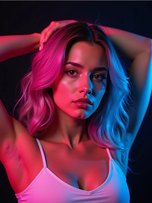 Close-up portrait of a confident model with arms raised above their head, wearing a white outfit. The lighting is bold and vibrant, with strong magenta, orange, and electric blue tones casting dramatic highlights and shadows across their face and arms. Studio background is dark and minimal, emphasizing the neon glow on the skin and hair