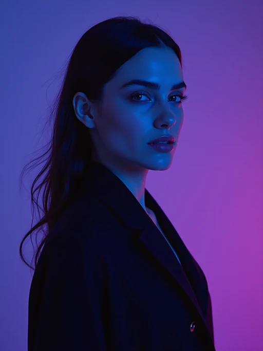 Futuristic fashion portrait of a model, dramatic side lighting in blue and purple hues. Model wearing black outfit. The mood is cyberpunk-inspired, high contrast, with glowing highlights on the skin and surreal atmosphere. Studio backdrop fades from violet to lavender. Sharp, editorial, high-fashion aesthetic