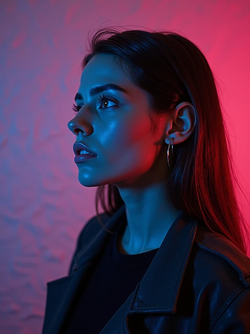 close up of model looking to the left. The model is wearing a dark jacket over a black shirt. The lighting is dramatic with blue and pink tones, creating a striking contrast against a textured pink background.