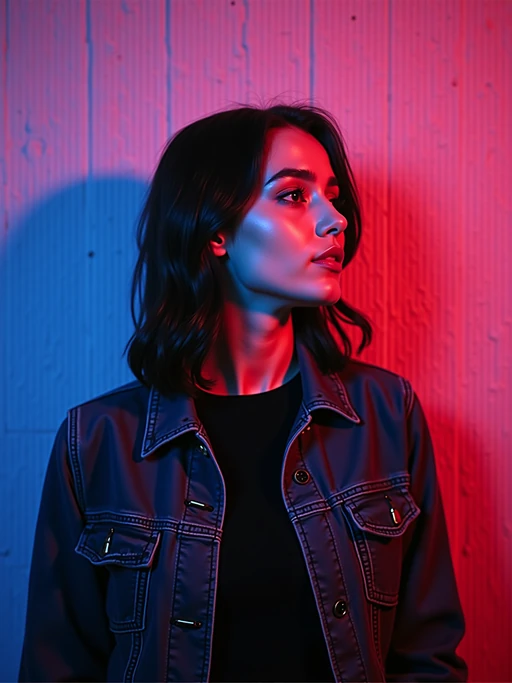 close up of model looking to the left. The model is wearing a dark jacket over a black shirt. The lighting is dramatic with blue and pink tones, creating a striking contrast against a textured pink background.