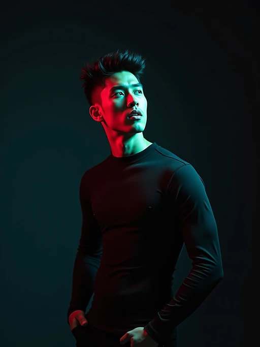 Dramatic studio portrait of a confident model, looking over their shoulder. Wearing a form-fitting black outfit. The lighting is intense and cinematic, with strong red and teal color contrast illuminating their hair and skin, casting moody shadows. The background is dark and atmospheric