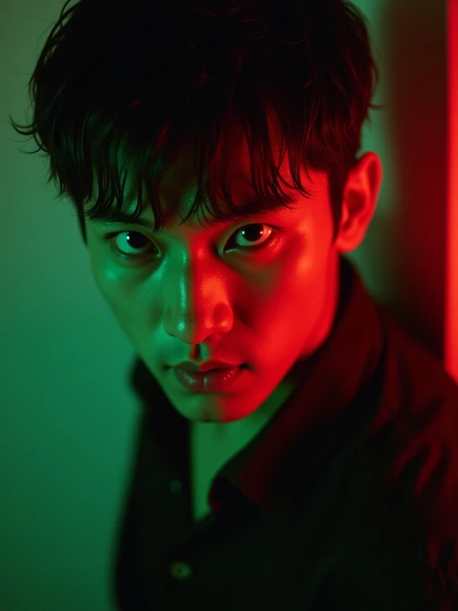 Cinematic close-up portrait of a mysterious model with intense green and red split lighting. Model has piercing eyes. Model has a seductive and moody vibe. The background is softly blurred, emphasizing dramatic lighting contrast and a noir-inspired atmosphere