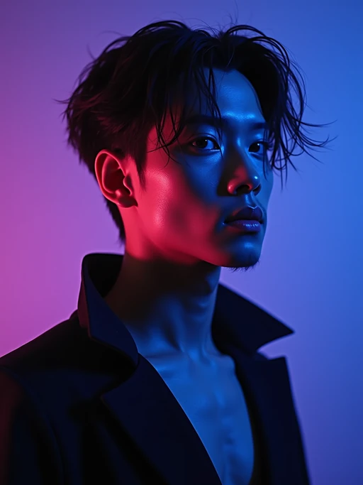 Futuristic fashion portrait of a model, dramatic side lighting in blue and purple hues. Model wearing black outfit. The mood is cyberpunk-inspired, high contrast, with glowing highlights on the skin and surreal atmosphere. Studio backdrop fades from violet to lavender. Sharp, editorial, high-fashion aesthetic
