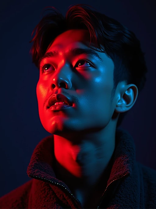 Studio portrait of a model looking up, illuminated by vibrant red, green, and blue gel lighting from different angles, creating a bold and futuristic RGB glow on their skin. The background is dark and minimal to emphasize the colorful lighting on their face. model wears a dark textured jacket with the collar slightly up. Cinematic, edgy, cyberpunk-inspired aesthetic.