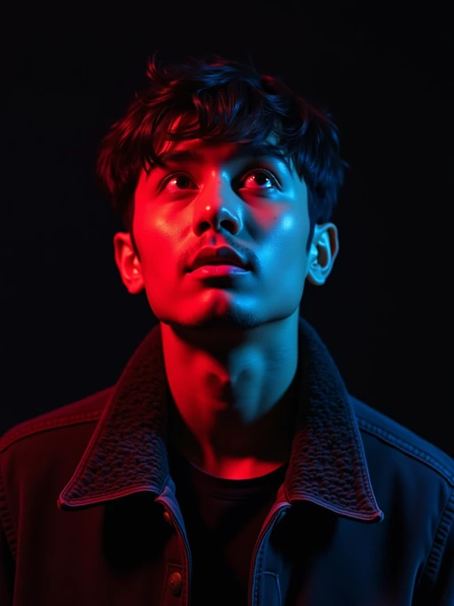 Studio portrait of a model looking up, illuminated by vibrant red, green, and blue gel lighting from different angles, creating a bold and futuristic RGB glow on their skin. The background is dark and minimal to emphasize the colorful lighting on their face. model wears a dark textured jacket with the collar slightly up. Cinematic, edgy, cyberpunk-inspired aesthetic.
