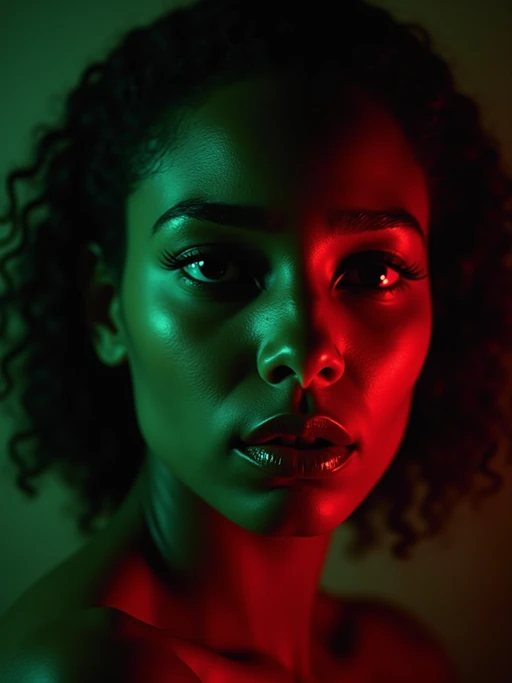 Cinematic close-up portrait of a mysterious model with intense green and red split lighting. Model has piercing eyes. Model has a seductive and moody vibe. The background is softly blurred, emphasizing dramatic lighting contrast and a noir-inspired atmosphere