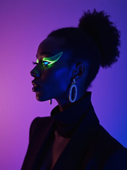 Futuristic fashion portrait of a model, dramatic side lighting in blue and purple hues. Model wearing black outfit. The mood is cyberpunk-inspired, high contrast, with glowing highlights on the skin and surreal atmosphere. Studio backdrop fades from violet to lavender. Sharp, editorial, high-fashion aesthetic