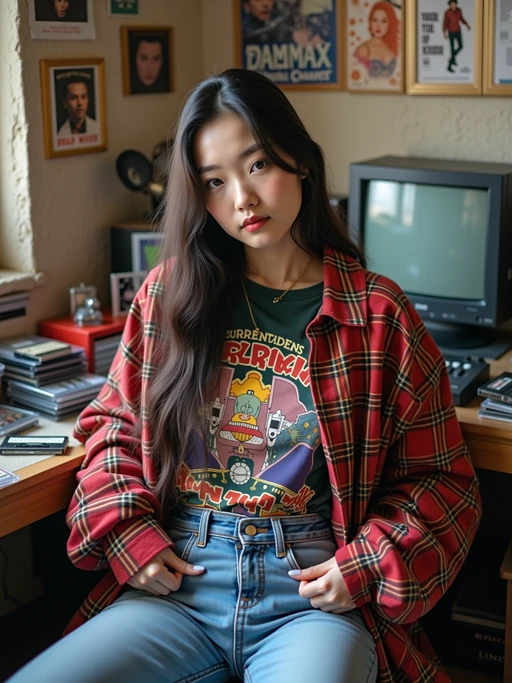 model in a typical 90s teenage bedroom, wearing if(gender=f){a colorful oversized flannel shirt over a band t-shirt with high-waisted jeans} if(gender=m){baggy jeans and a graphic t-shirt with an open flannel}, surrounded by scattered cassette tapes and CD cases, posters of 90s bands on the walls, retro computer with CRT monitor in background