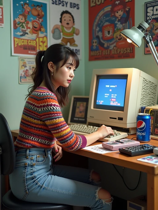 model sitting at a 80s/90s themed desk setup. the model is dressed in 1990s fashion, wearing a colorful patterned sweater and high-waisted ripped blue jeans, evoking a sense of nostalgia. her expression is one of curiosity and intrigue as she interacts with the old computer. large posters are pinned to the wall above the desk. To the right, a vintage computer monitor displays a pixelated game screen. The desk is cluttered with items including a joystick, a cassette player, and a calculator. A framed photograph of a child is placed beside a Pepsi can. Toys, like a toy truck and cassette cases, are scattered across the desk, along with various gaming-related stickers and cards. An adjustable desk lamp illuminates the workspace, and colorful posters and flyers decorate the surrounding walls.