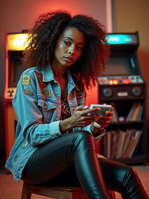 model in a typical 90s rec room, wearing if(gender=f){a denim jacket covered in patches with leather pants} if(gender=m){a starter jacket and sweatpants}, playing with a Game Boy, boom box playing in background, milk crate full of vinyl records and CDs, retro arcade cabinet visible