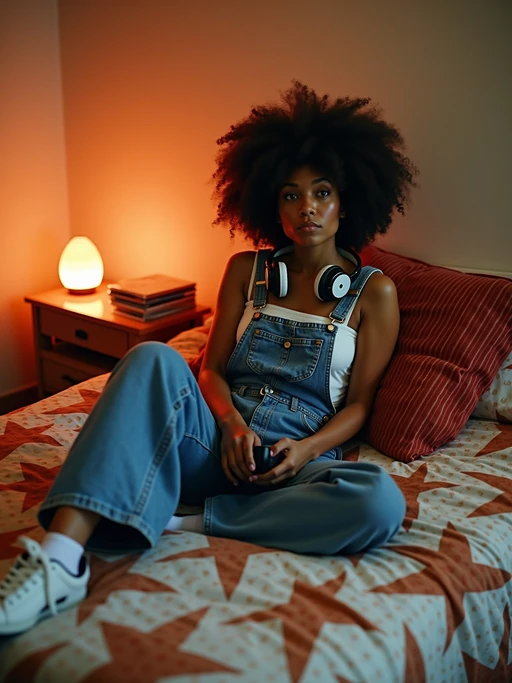 model sitting on a bed covered with a geometric patterned comforter, wearing if(gender=f){overalls with one strap undone and chunky sneakers} if(gender=m){cargo pants and a backwards baseball cap}, holding a portable CD player with headphones around neck, stack of CD jewel cases nearby, lava lamp glowing in the corner