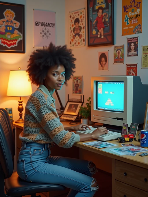 model sitting at a 80s/90s themed desk setup. the model is dressed in 1990s fashion, wearing a colorful patterned sweater and high-waisted ripped blue jeans, evoking a sense of nostalgia. her expression is one of curiosity and intrigue as she interacts with the old computer. large posters are pinned to the wall above the desk. To the right, a vintage computer monitor displays a pixelated game screen. The desk is cluttered with items including a joystick, a cassette player, and a calculator. A framed photograph of a child is placed beside a Pepsi can. Toys, like a toy truck and cassette cases, are scattered across the desk, along with various gaming-related stickers and cards. An adjustable desk lamp illuminates the workspace, and colorful posters and flyers decorate the surrounding walls.